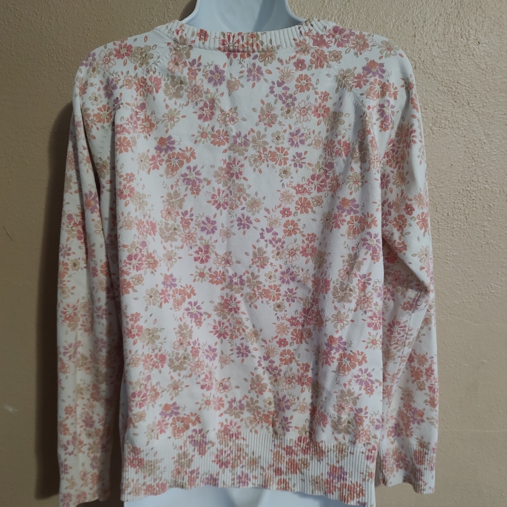 Pink Purple & White Floral Print Spring Cardigan Basic Editions SZ Small Medium - Picture 9 of 10